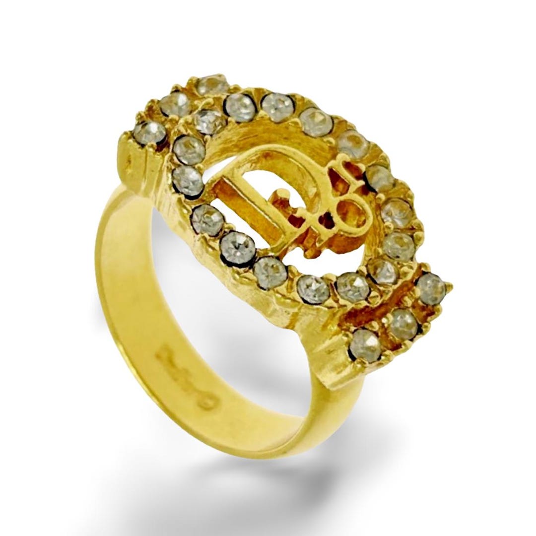 Vintage Christian Dior Gold Tone Ring With Logo and Rhinestone