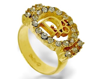 Vintage Christian Dior Gold Tone Ring With Logo and Rhinestone