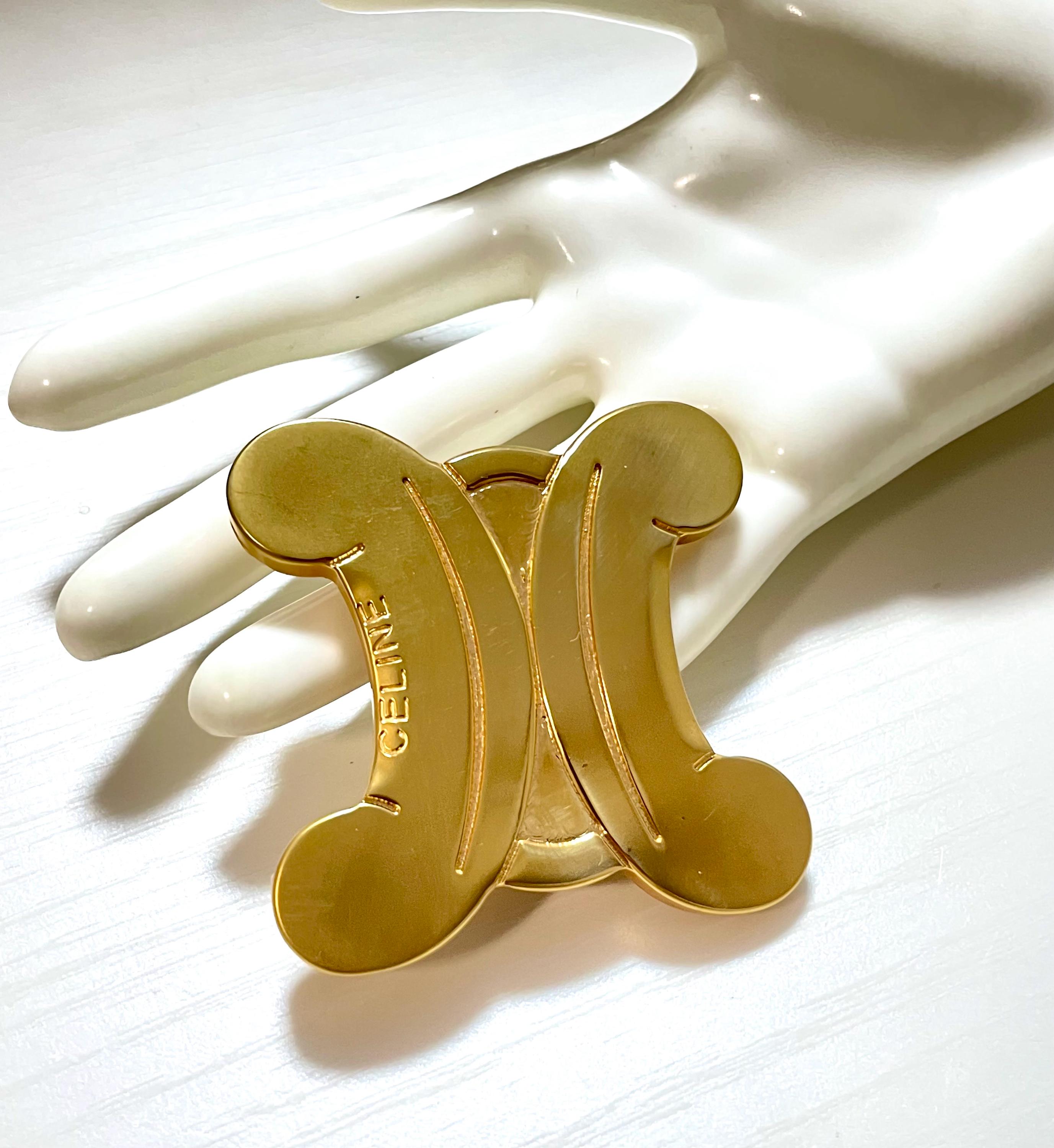 Vintage CELINE Extra Large Gold Tone Triomphe Brooch Statement