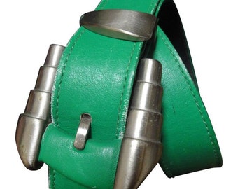 Vintage Gianni Versace Green Leather Rockstar Belt with Silver Hardware | Size 25.5" / 65cm | Bold Lady Gaga Style | 050327re3