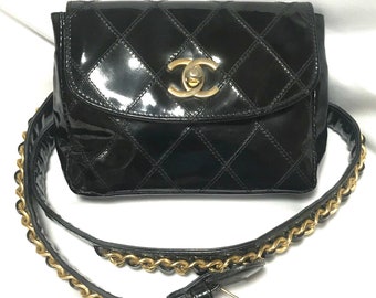 Vintage CHANEL black patent enamel leather belt bag, fanny pack with matching belt. Belt size 26” through 28.3”.(66cm through 72cm) 0405162