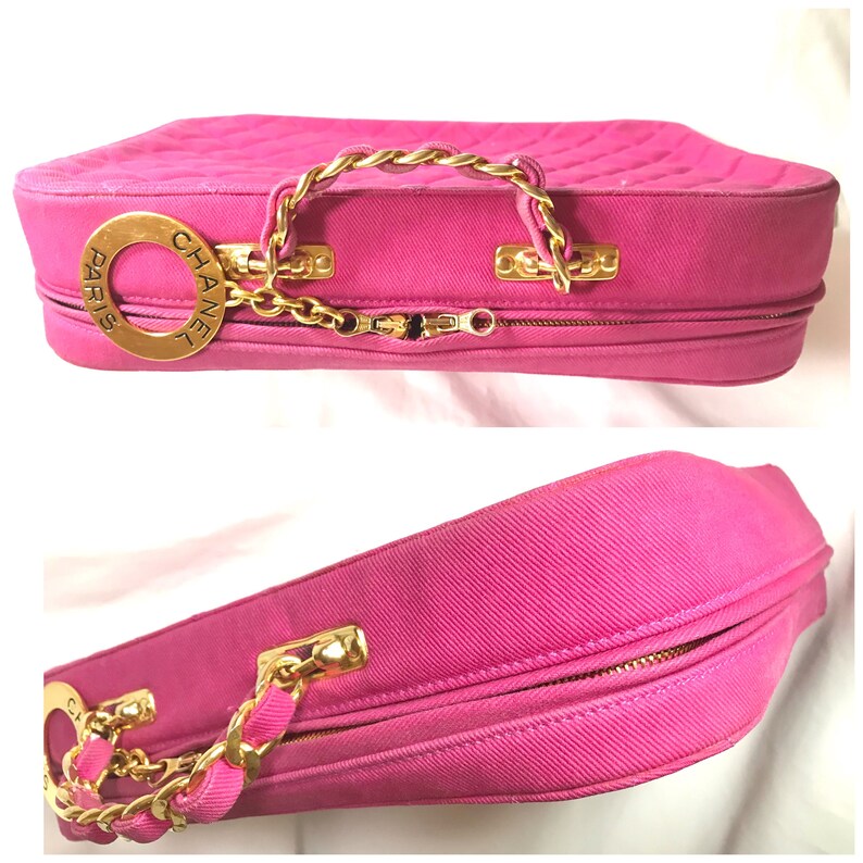 May include: A pink quilted Chanel travel case with a gold chain and a gold circular logo that reads "CHANEL PARIS".