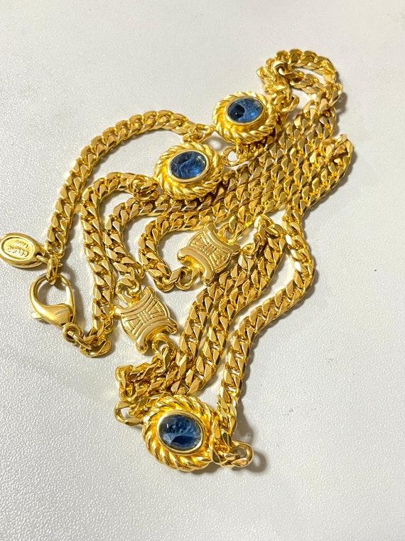 Vintage CELINE Gold Chain Necklace With Triomphe Charms & Blue