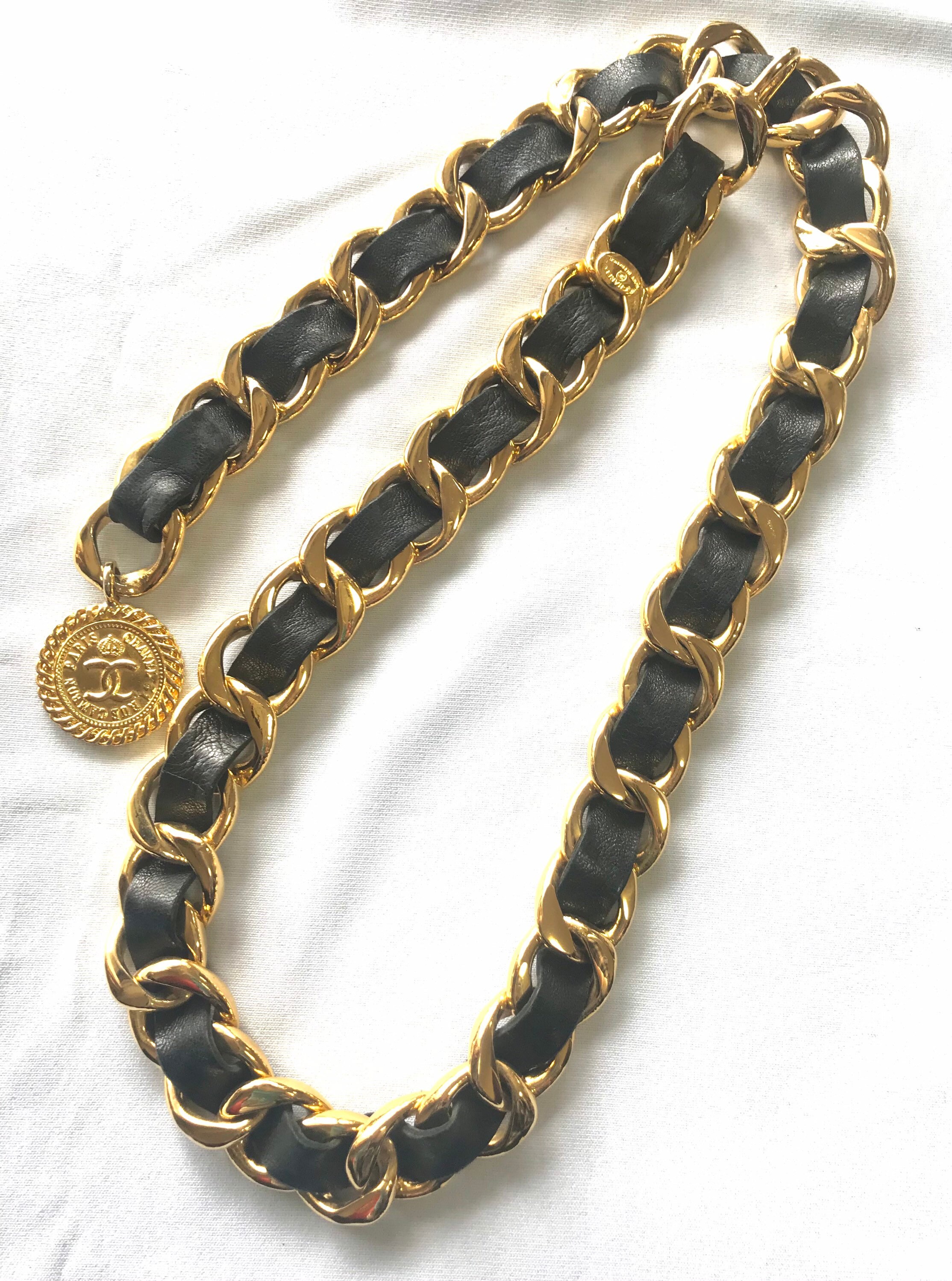 Vintage CHANEL Black Leather Thick Chain Belt With Golden 
