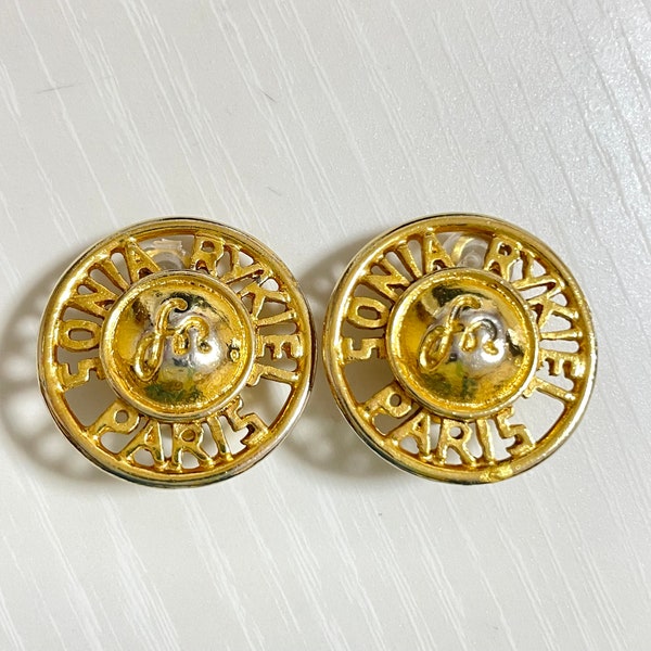 Vintage Sonia Rykiel round golden earrings with logo. Classic design jewelry piece. 0409203