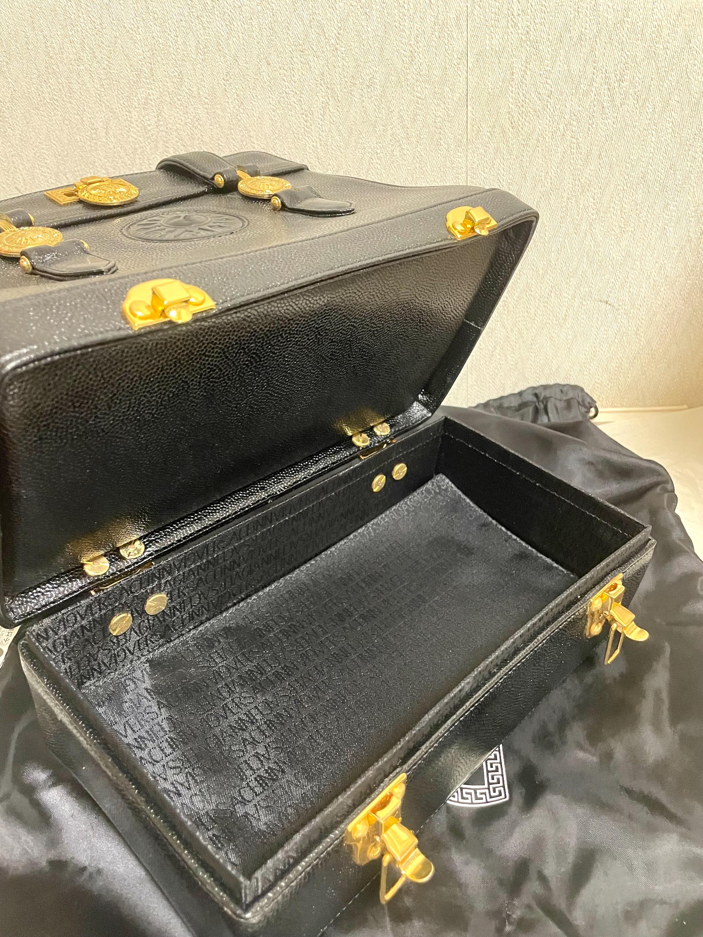 1990s Vintage Gianni Versace Black Leather Doctor's Bag With Built