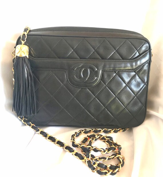 CHANEL Vintage CC Quilted Leather Tassel Shopper Bag Black