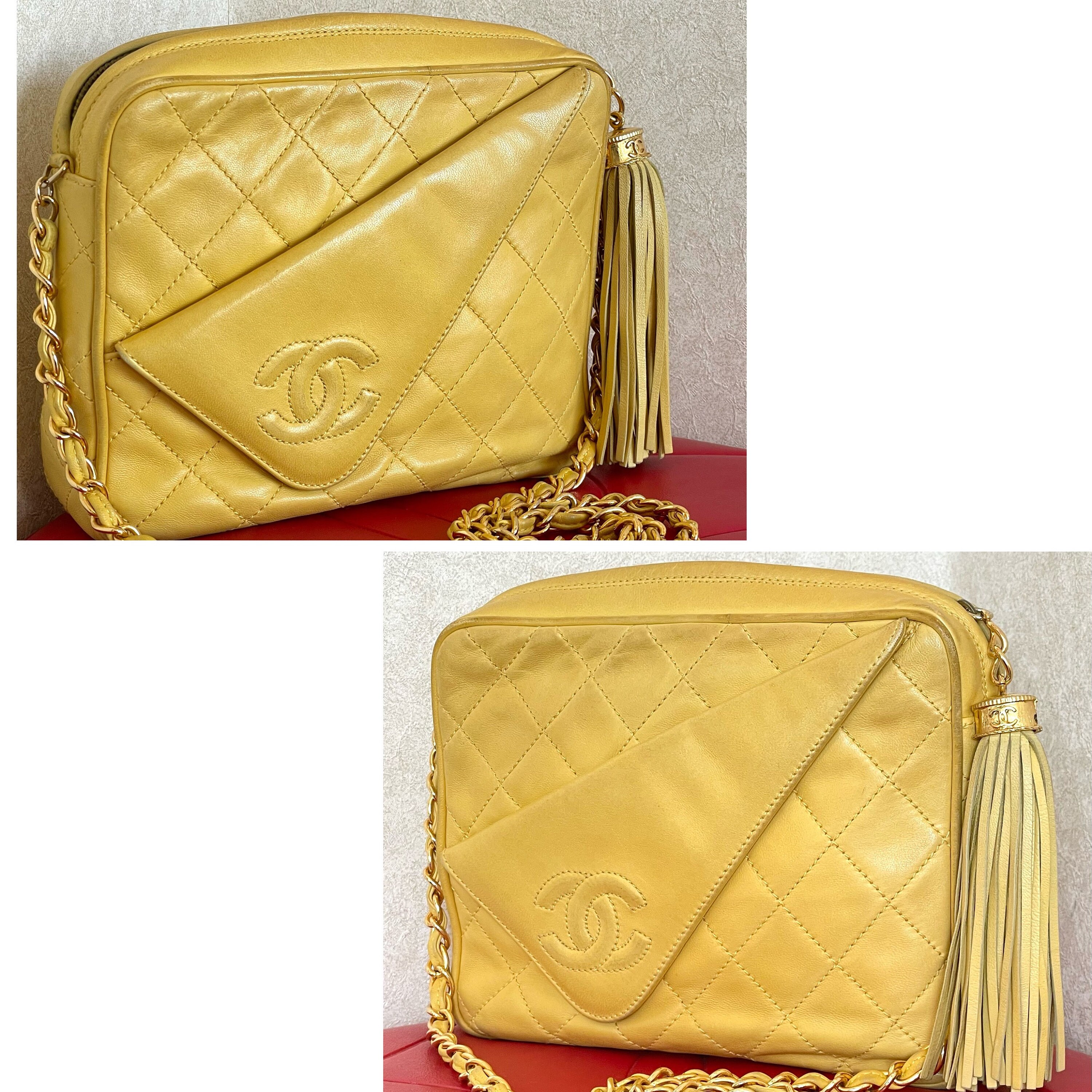 追跡【VINTAGE】Chanel AP2611 Yellow Caviar Skin Crossbody Chanel Yellow Quilted Caviar Classic Double Flap Small Gold