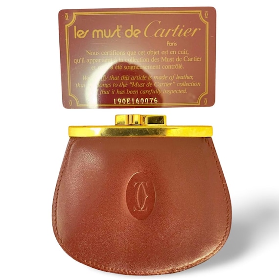Vintage Cartier Wine Leather Coin Case Purse With Gold Tone Kiss