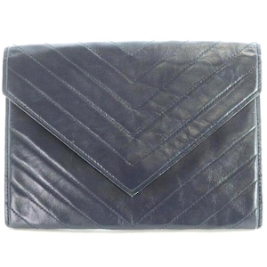 80’s Vintage Yves Saint Laurent black/dark navy leather clutch bag with V stitch and logo lining, cosmetic purse. Classic purse. 070820k1ys