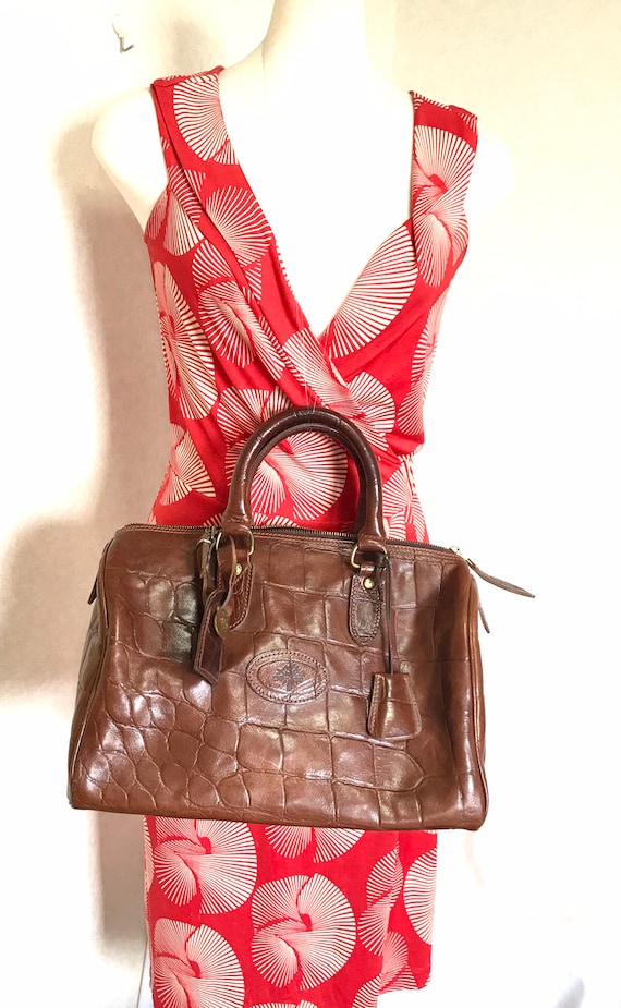 Vintage Mulberry brown croc embossed leather speedy bag style handbag. Classic unisex purse by Roger Saul. Must have bag. 050330re4