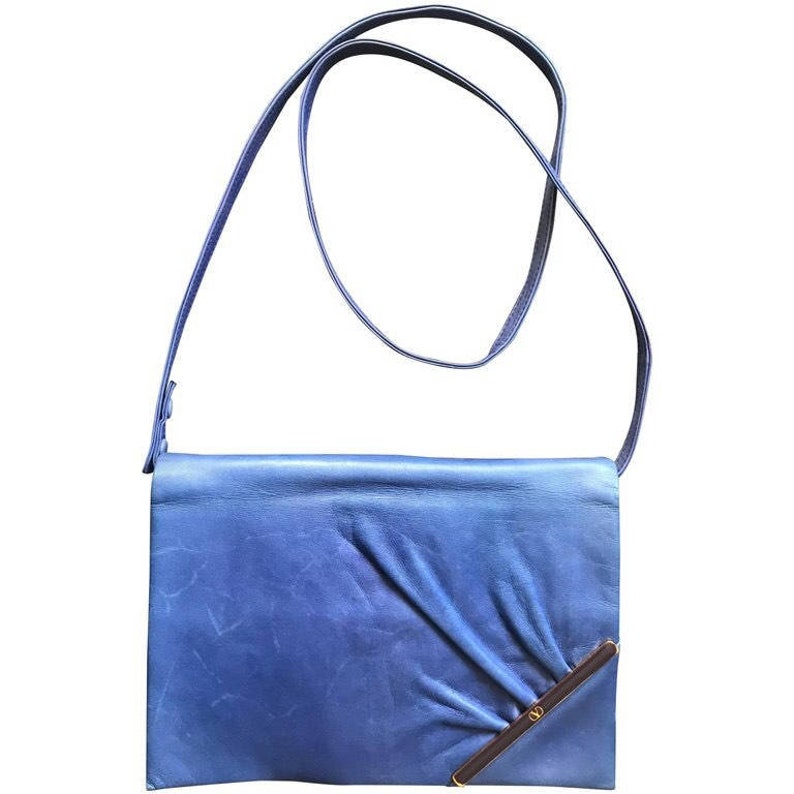 Vintage Valentino Garavani Blue Leather Clutch Shoulder Bag — Gathered Design with Logo Plate — Made in Italy 080323re2 image 1