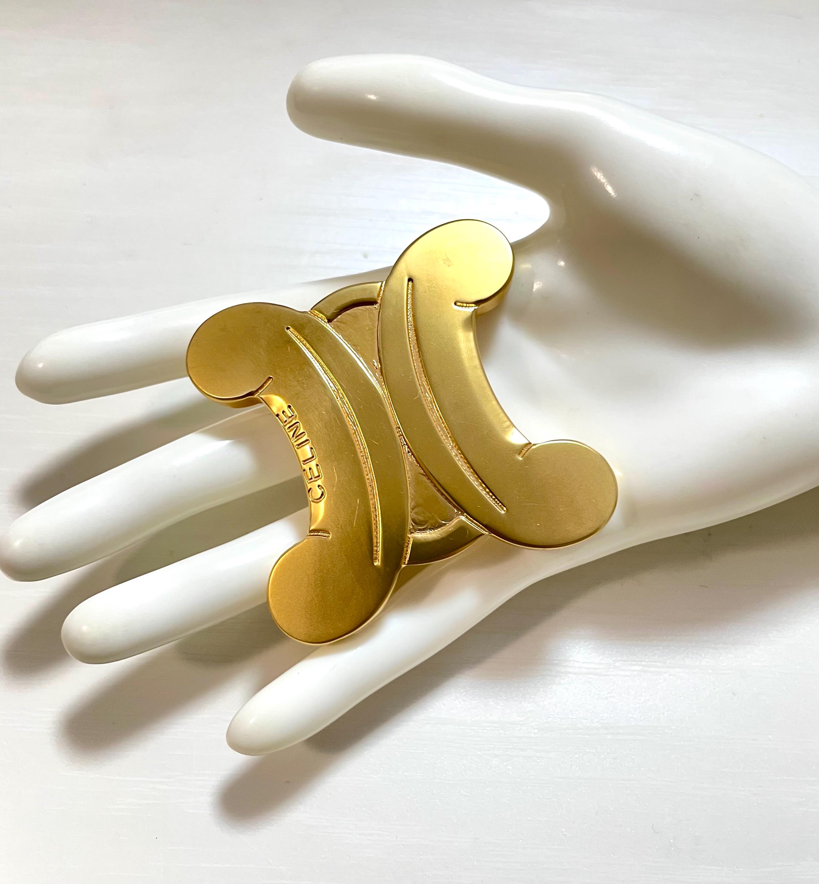 Vintage CELINE Extra Large Gold Tone Triomphe Brooch Statement