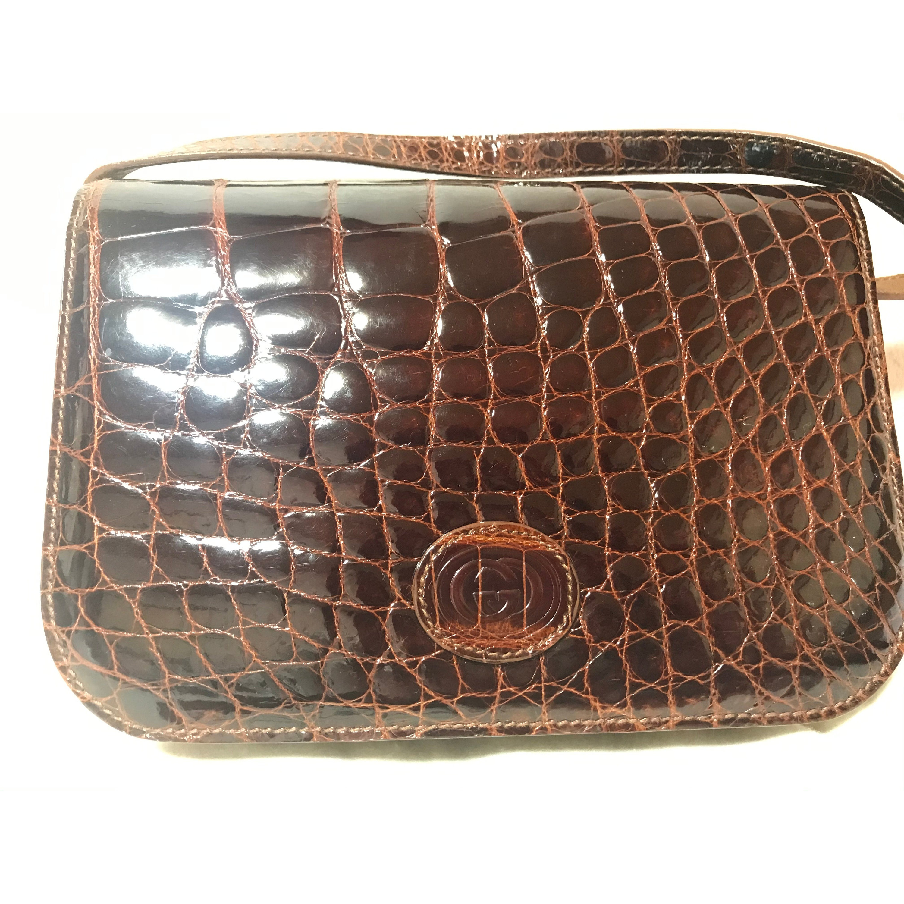 【GUCCI】 HAND BAG グレー Vintage GUCCI Brown Crocodile Leather Shoulder Bag With GG