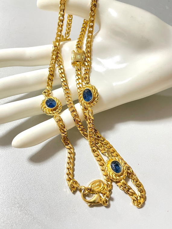 Vintage CELINE Gold Chain Necklace With Triomphe Charms & Blue