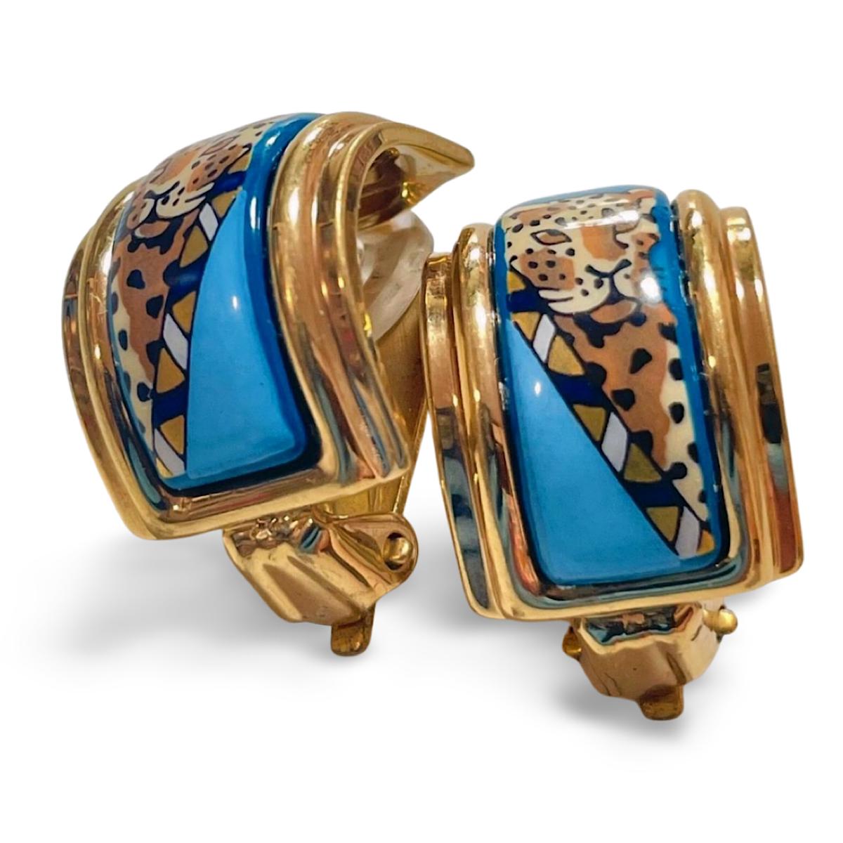 Vintage Hermès Cloisonné Enamel Gold-tone Earrings With  display picture 1