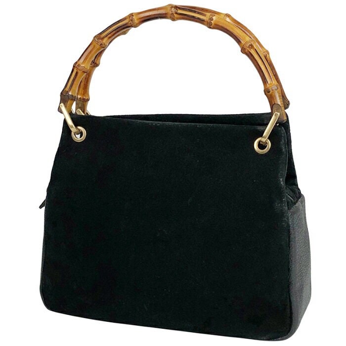 Vintage Gucci Black Suede Leather Handbag With Bamboo Handles. 