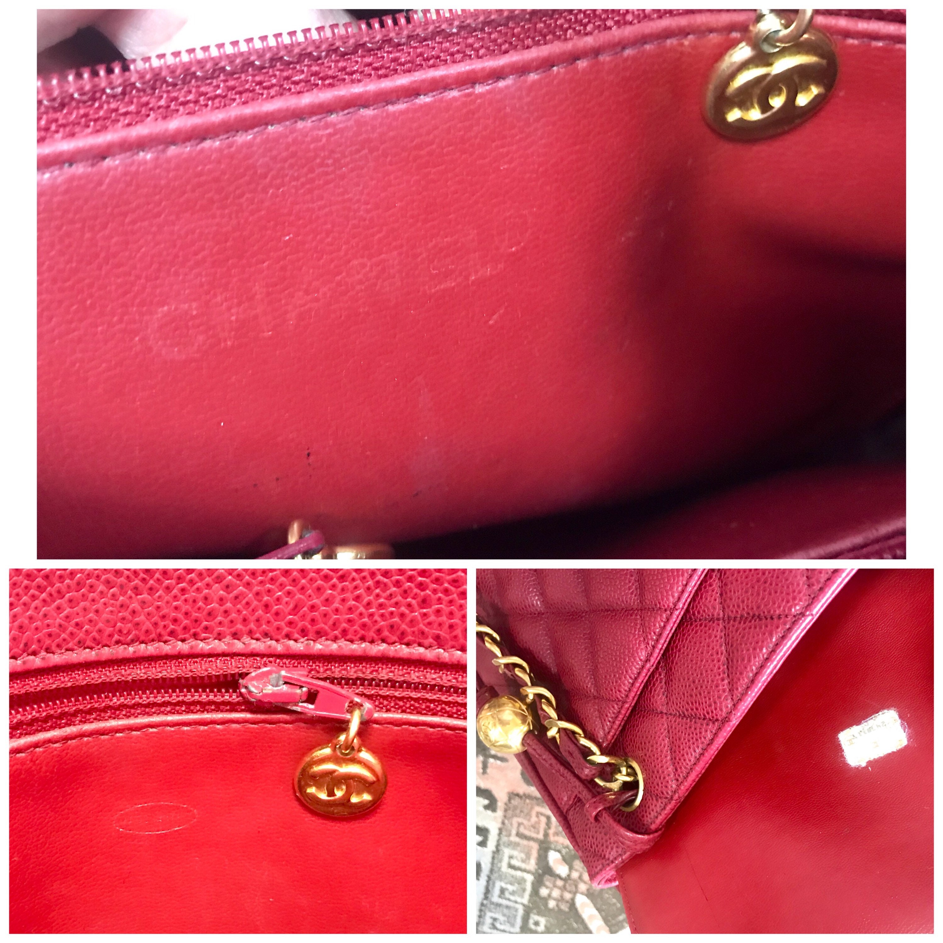 Vintage CHANEL Cherry Red Caviar Leather Quilted Shoulder Bag 