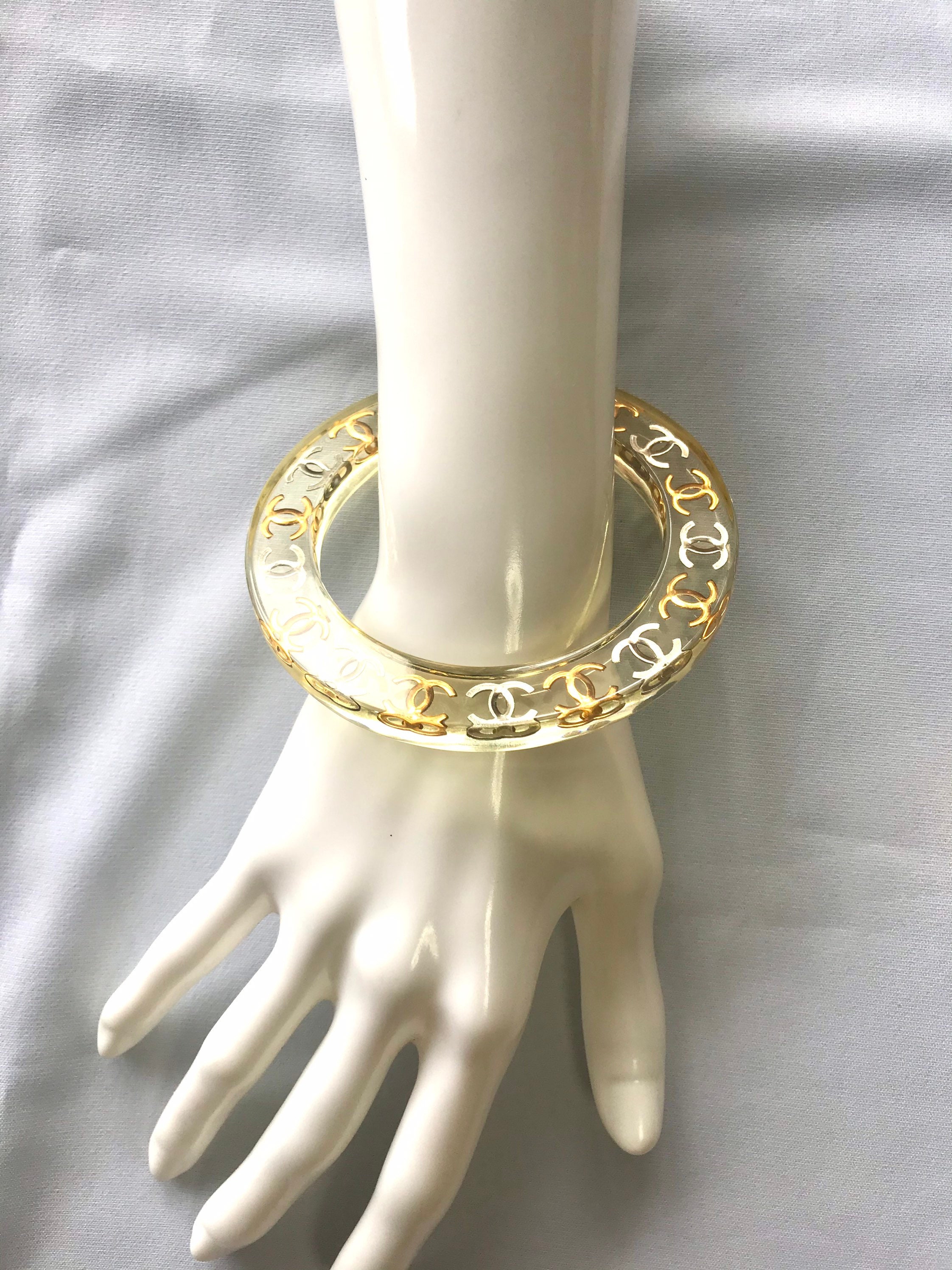 Vintage CHANEL Clear Resin Bangle Bracelet — Gold & Silver CC