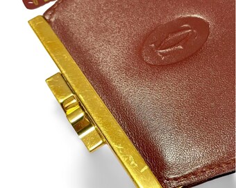 Vintage Cartier Wine Leather Coin Case Purse With Gold Tone Kiss
