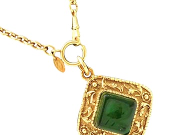 Vintage CHANEL green Gripoix glass pendant necklace. Square gold tone arabesque engraved frame with CC logo. 080722k2r