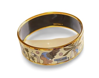 Vintage Hermes Cloisonne Enamel Golden Bangle With Artistic