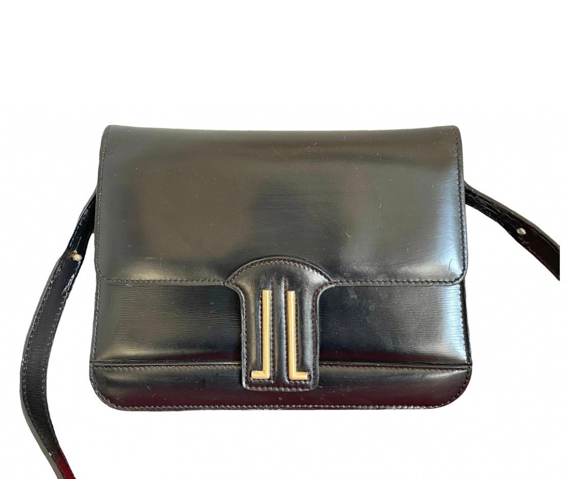 Vintage Lanvin Black Leather Shoulder Bag With Iconic Golden Logo