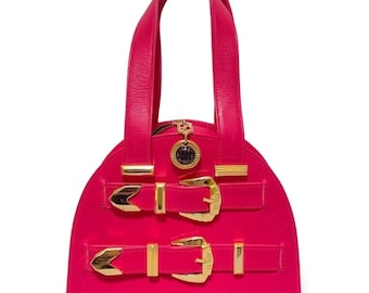 1990s Vintage Gianni Versace Fuchsia Pink Leather Handbag | Gold Buckle Motifs | Avant-Garde Style | Lady-Gaga Vibe | 071201rf1