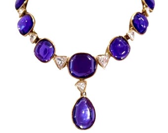 Vintage Yves Saint Laurent purple bijoux and crystal statement necklace with dangling drop charm. Rare collectible jewelry. 080514k1ms