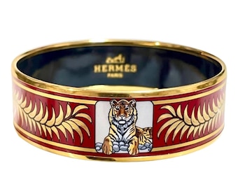 Vintage Hermes cloisonne enamel golden thick bangle, bracelet with tiger motifs. Red. Must have beautiful jewelry. 070128ac7