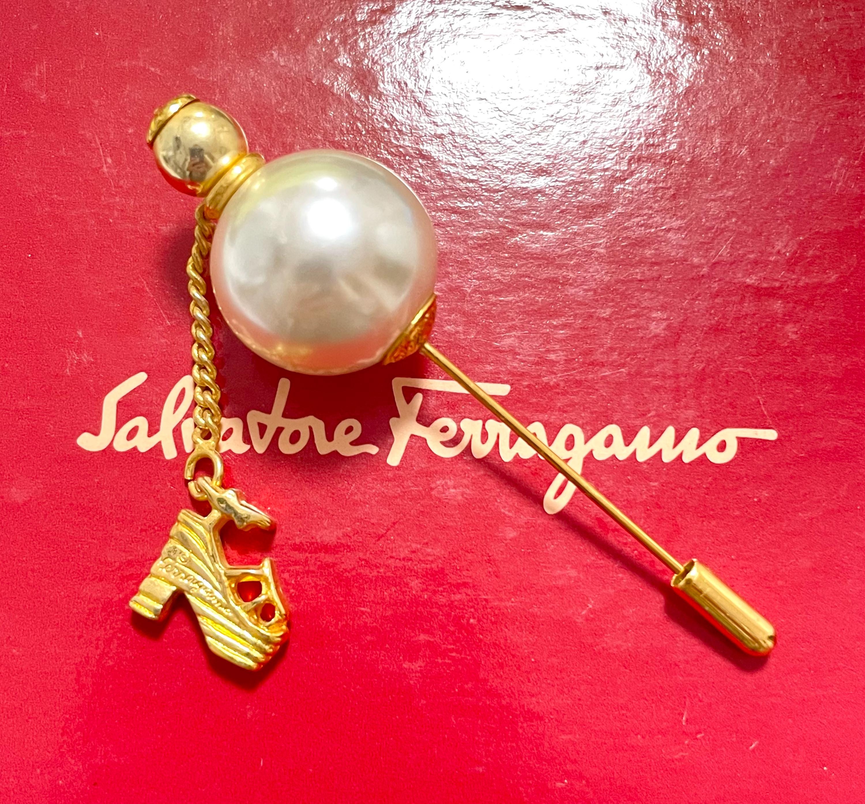 MINT. Vintage Salvatore Ferragamo Large Faux Pearl Hat Pin, Brooch