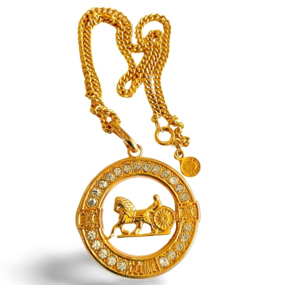 1990s Vintage CELINE Gold Chain Necklace With Crystal Triomphe