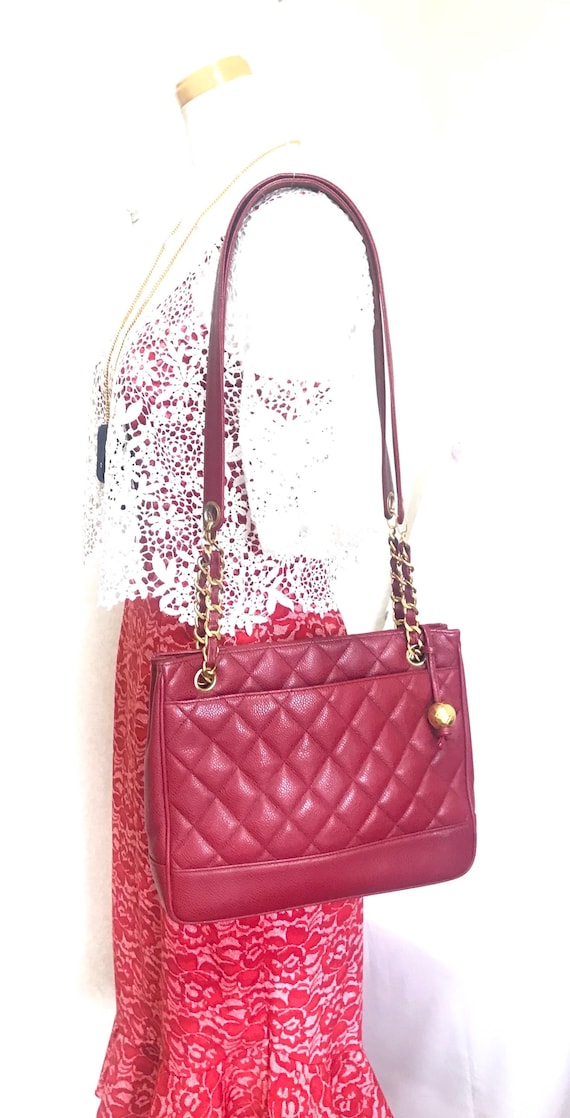 Vintage CHANEL Cherry Red Caviar Leather Quilted Shoulder