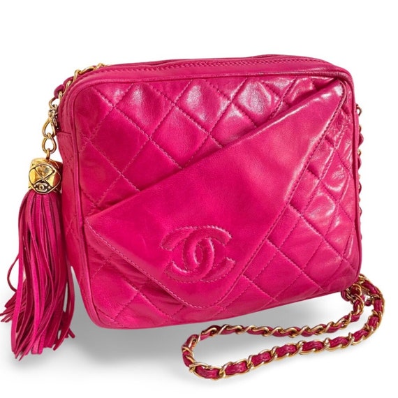 Vintage CHANEL Bright Pink / Fuchsia Lambskin Collar Flap Camera