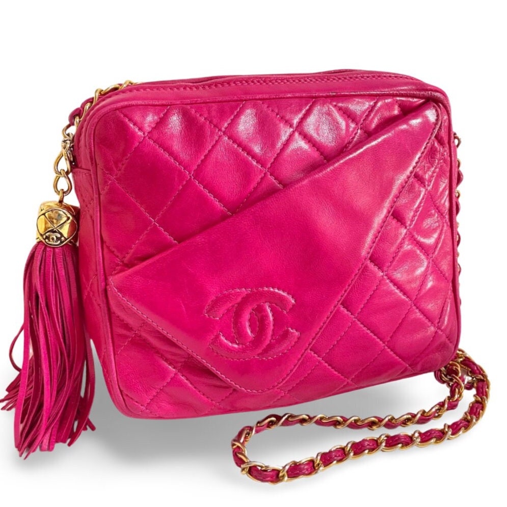 Vintage CHANEL Bright Pink / Fuchsia Lambskin Collar Flap Camera