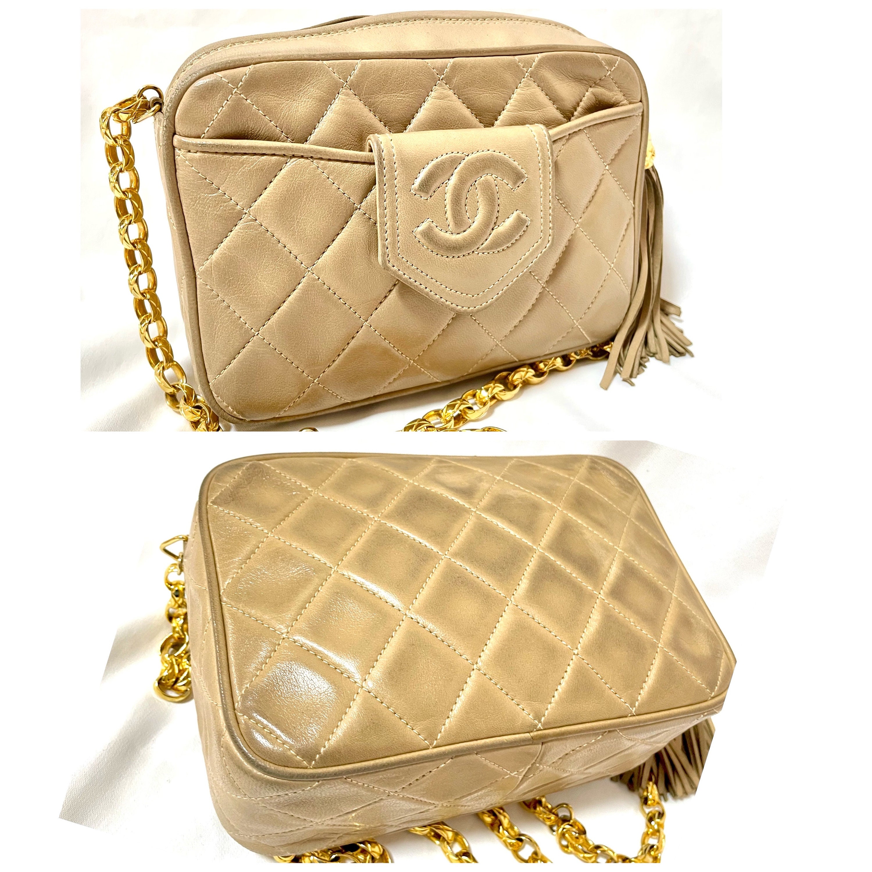 Vintage Chanel Tanned Beige Lambskin Camera Bag Style Chain