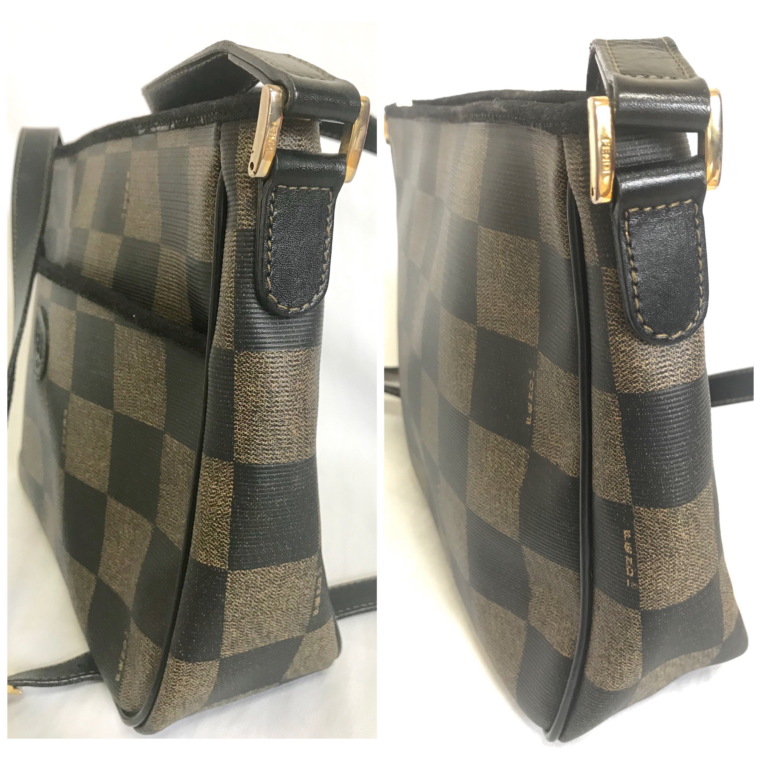 Vintage FENDI Pecan Chess Pattern Shoulder Bag With FF Logo