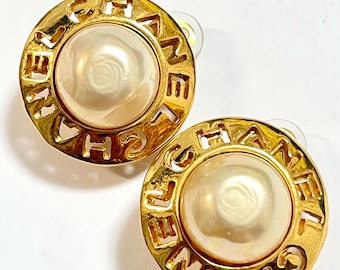 1990s Vintage CHANEL Faux Pearl Earrings with Gold-Tone Cutout Logo Frame. Classic Designer Jewelry. Made in France. 080525r1
