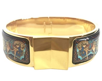 Vintage Hermes cloisonne enamel golden click and clack Flacon bangle with multicolor ethnic and horse design. Great gift idea.