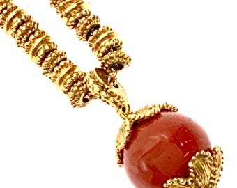 Vintage Yves Saint Laurent YSL red stone pendant necklace. Ethnic style gold tone beaded chain. Statement designer jewelry. 080715k2ys