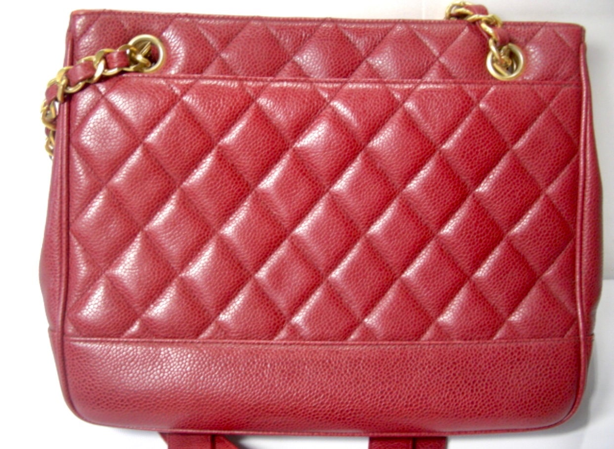 Vintage CHANEL Cherry Red Caviar Leather Quilted Shoulder Bag 