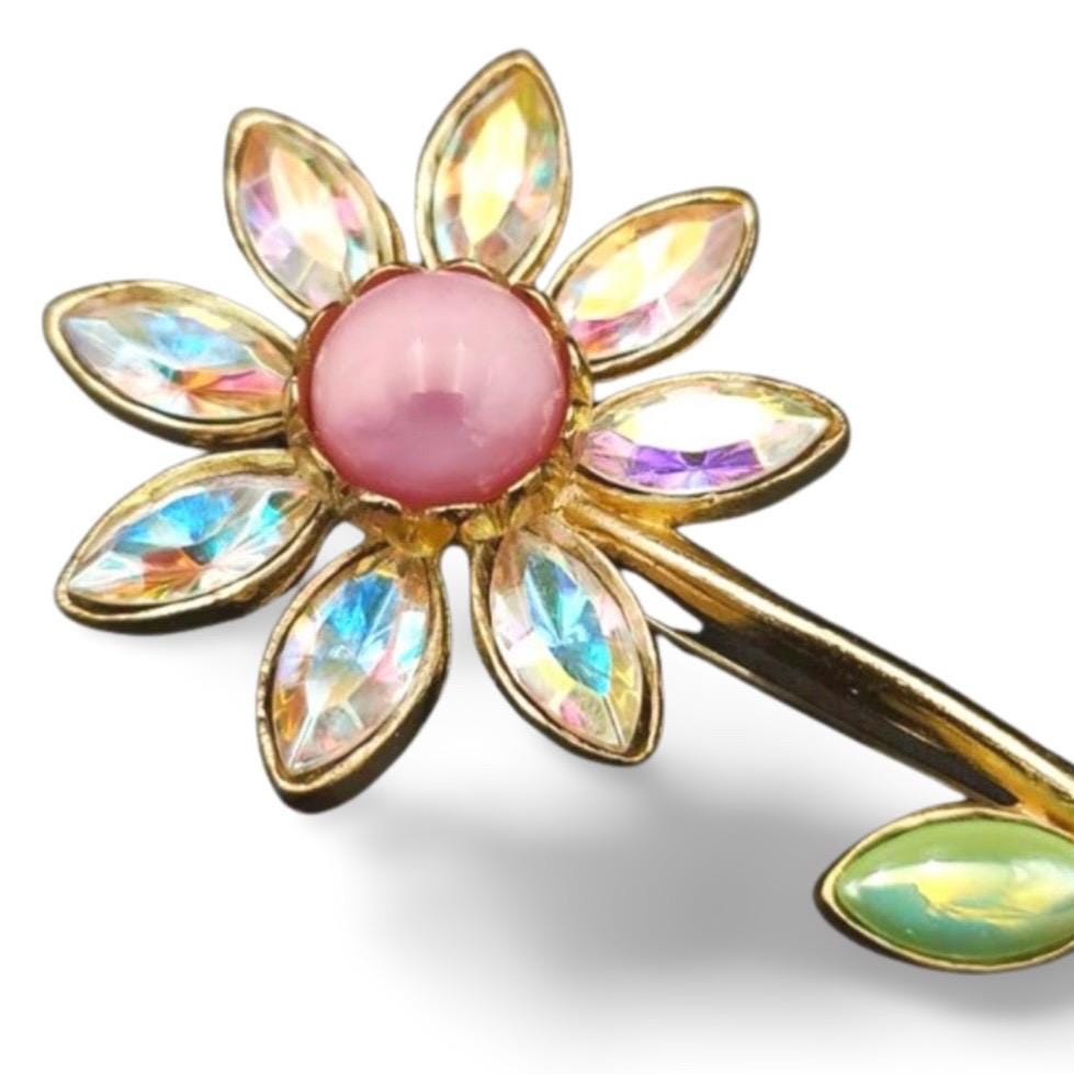 Vintage Christian Lacroix Flower Brooch With Crystals & Pink Stone