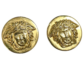 1990s. Vintage Gianni Versace Medusa Round Gold Clip On Earrings. Statement Jewelry Lady Gaga Style Made in Italy. 051124v