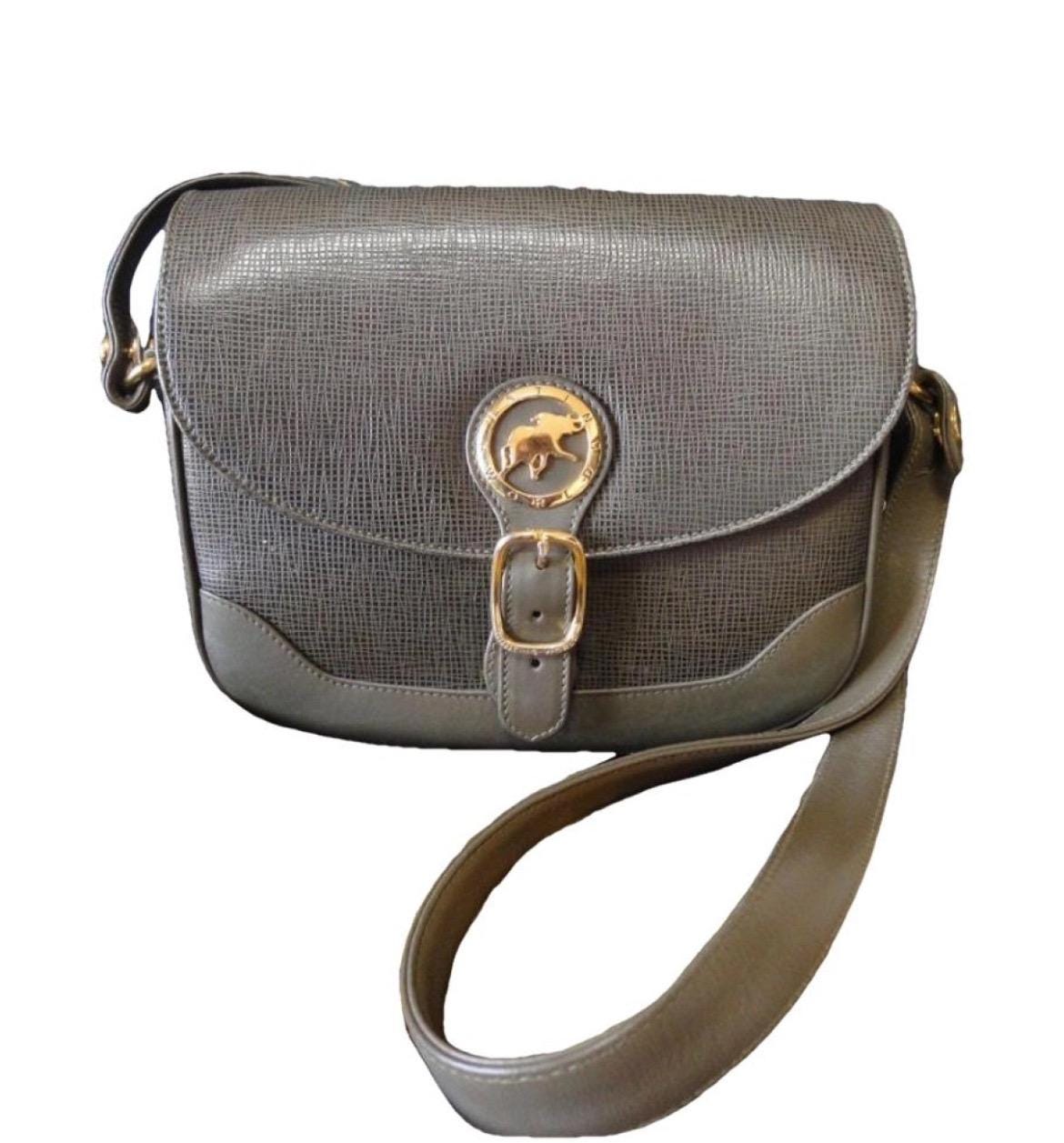 Vintage Hunting World Khaki Genuine Leather Shoulder Purse with Iconic Gold Tone Elephant Logo Charm at Front. 060616r7