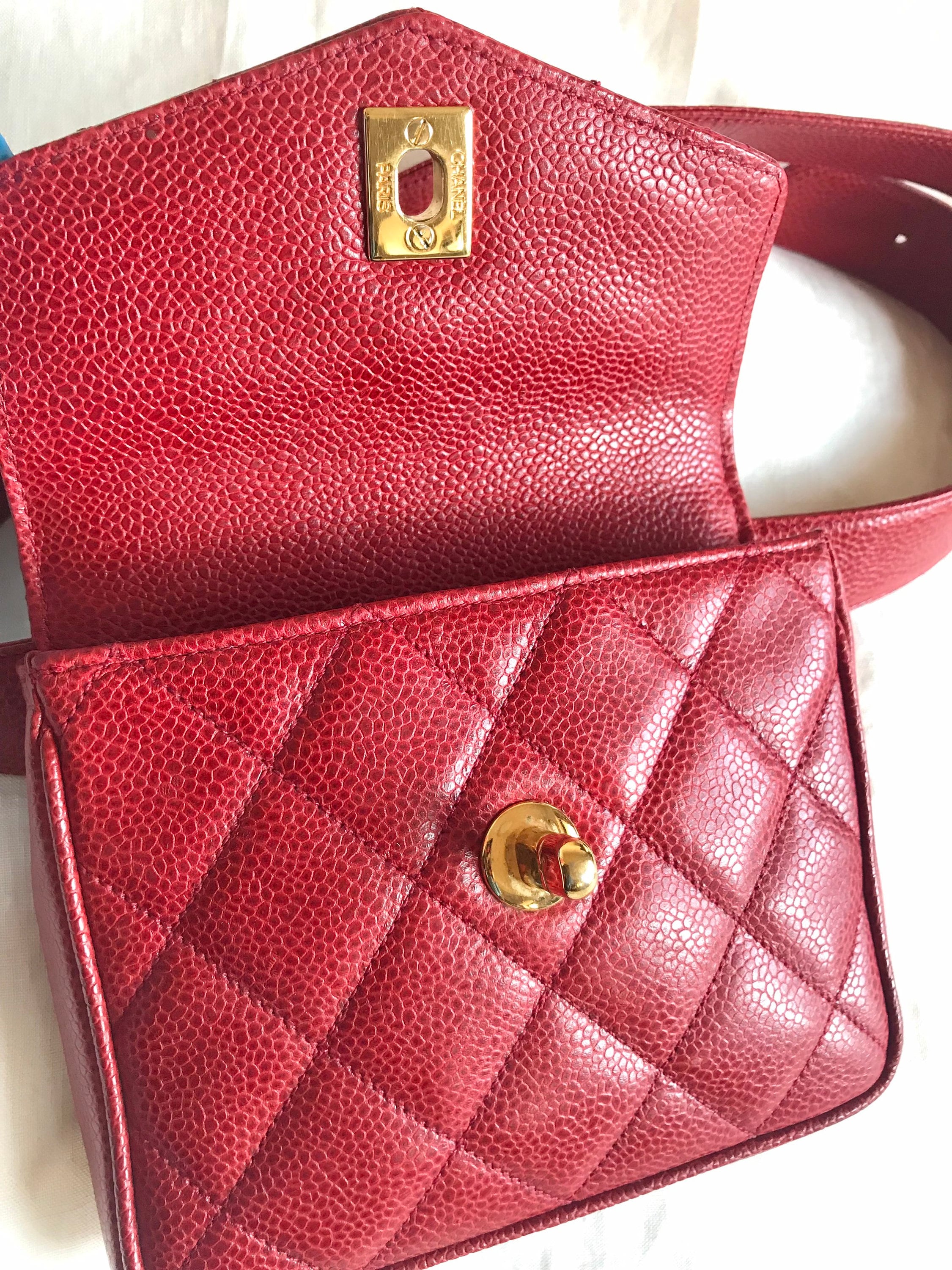 1990s Vintage CHANEL 2.55 Red Caviar Leather Waist Purse / Fanny