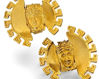 Vintage Gianni Versace golden earrings with large medusa face shown from sun design. Lady Gaga style jewelry piece. 070415ac5