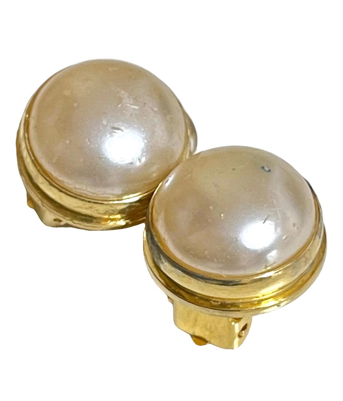 Vintage Celine Small Round Faux Pearl Earrings With Golden