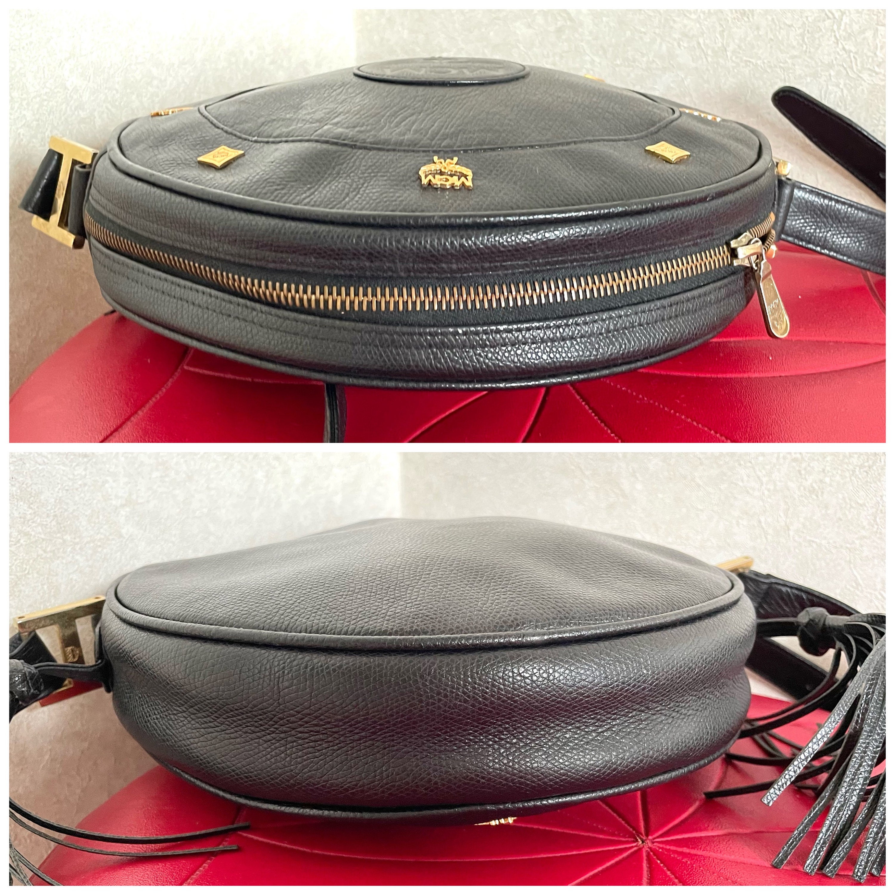 Vintage MCM Black Suzy Wong Grained Leather Round Shoulder Bag With Golden Logo Studs and Fringes. Designed by Michael Cromer.0407051 Etsy Canada