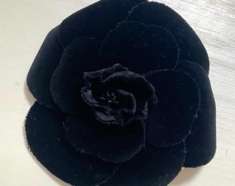 Vintage CHANEL Black Velvet Camellia Brooch | Iconic Flower Pin