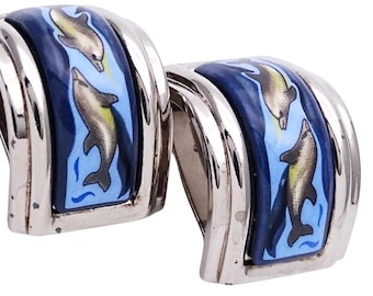 Vintage HERMÈS Cloisonné Enamel Dolphin Silver Metal Earrings. Blue & Light Blue. Elegant Vintage Jewelry. 080723k2r
